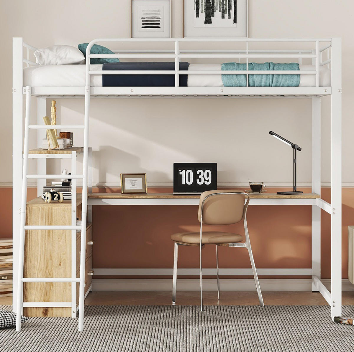 HOCHBETT 140/200 cm Weiß aus Metall und MDF mit L-förmigem Schreibtisch - Weiß, Holzwerkstoff (140/200cm) - OKMYHOME