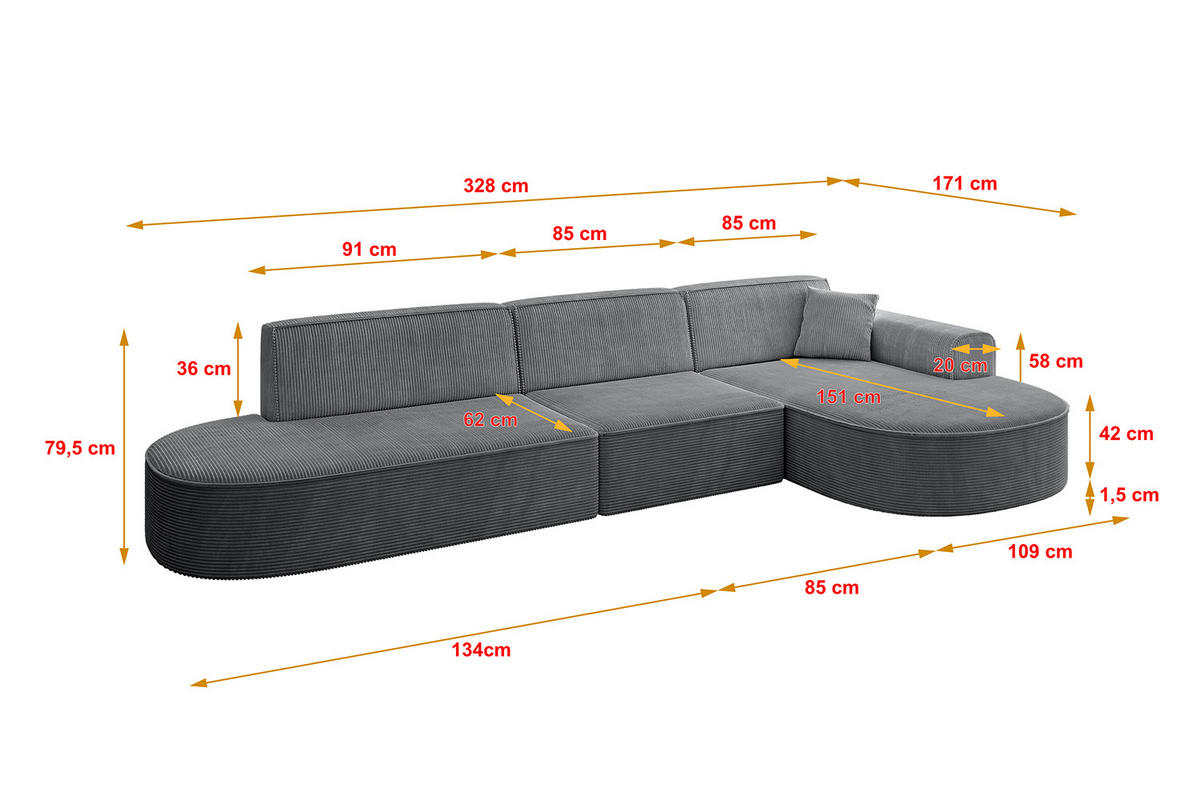 ECKSOFA Ottomane Rechts MARI-L2 - 328x171x79 cm Dunkelgrau Cord - Dunkelgrau/Schwarz, Holzwerkstoff/Kunststoff (171/328cm) - ALTDECOR