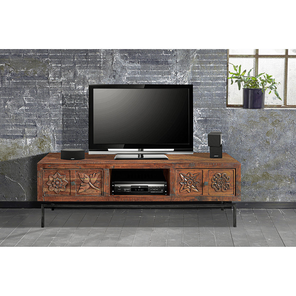 TV-LOWBOARD - Akazie massiv / Metall - Akazie / Schwarz - Akaziefarben, Holz/Metall (148/47/40cm) - home24