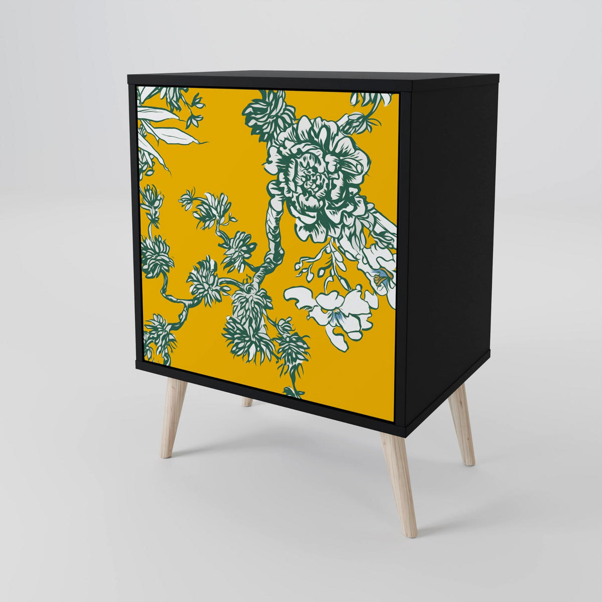 SIDEBOARD YELLOW CHINOISERIE, Schwarz, 57,5x42x67,5 cm, Schwarze Metall-Rahmenfüße - Multicolor/Schwarz, Holzwerkstoff/Metall (57.5/67.5/42cm) - SpaceRebels
