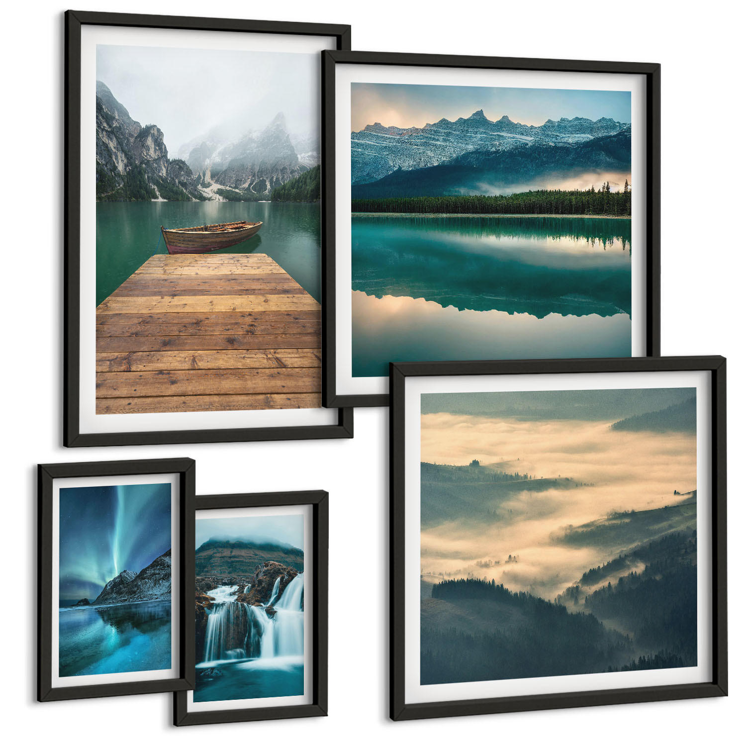 BILDER SET 5er Set - 50x50 cm & 20x30 cm & 40x60 cm Schwarzer Rahmen - Abstrakte Monstera-Palmenblätter - Schwarz, Kunststoff (40/60cm) - TULUP