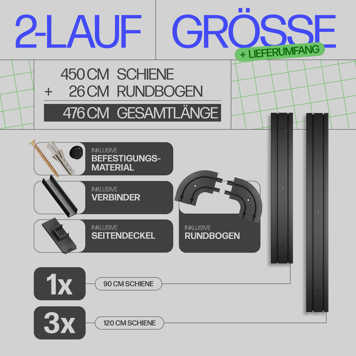 GARDINENSCHIENE inkl. Rundbögen 450cm (1x90/3x120cm) 2-läufig - Schwarz, Kunststoff (10/1.8/450cm)