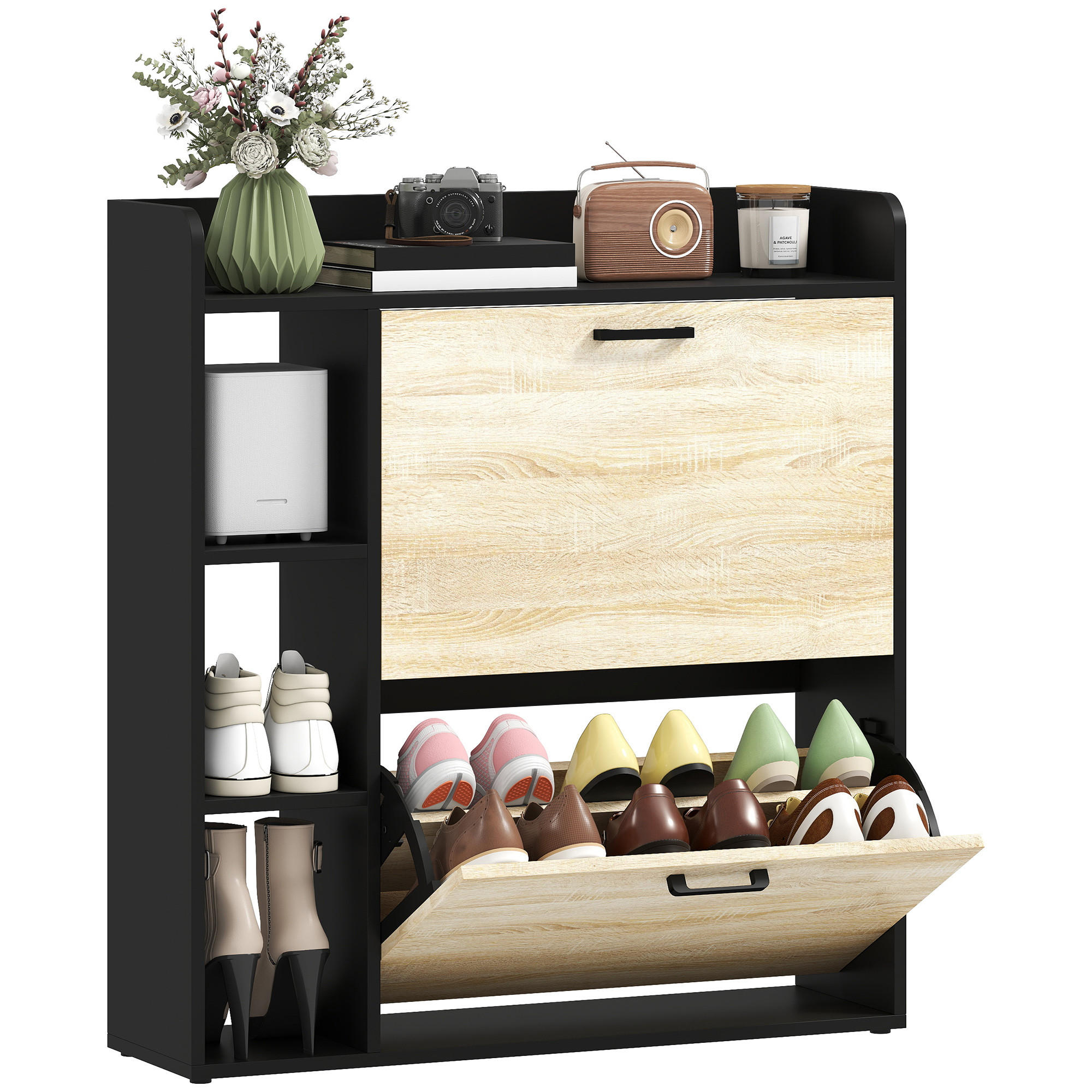 SCHUHSCHRANK Natur und Schwarz Holzwerkstoff klappbar mit Fächern 1 Stück - Naturfarben, Holzwerkstoff (83/90.5/24cm) - PANGIVO