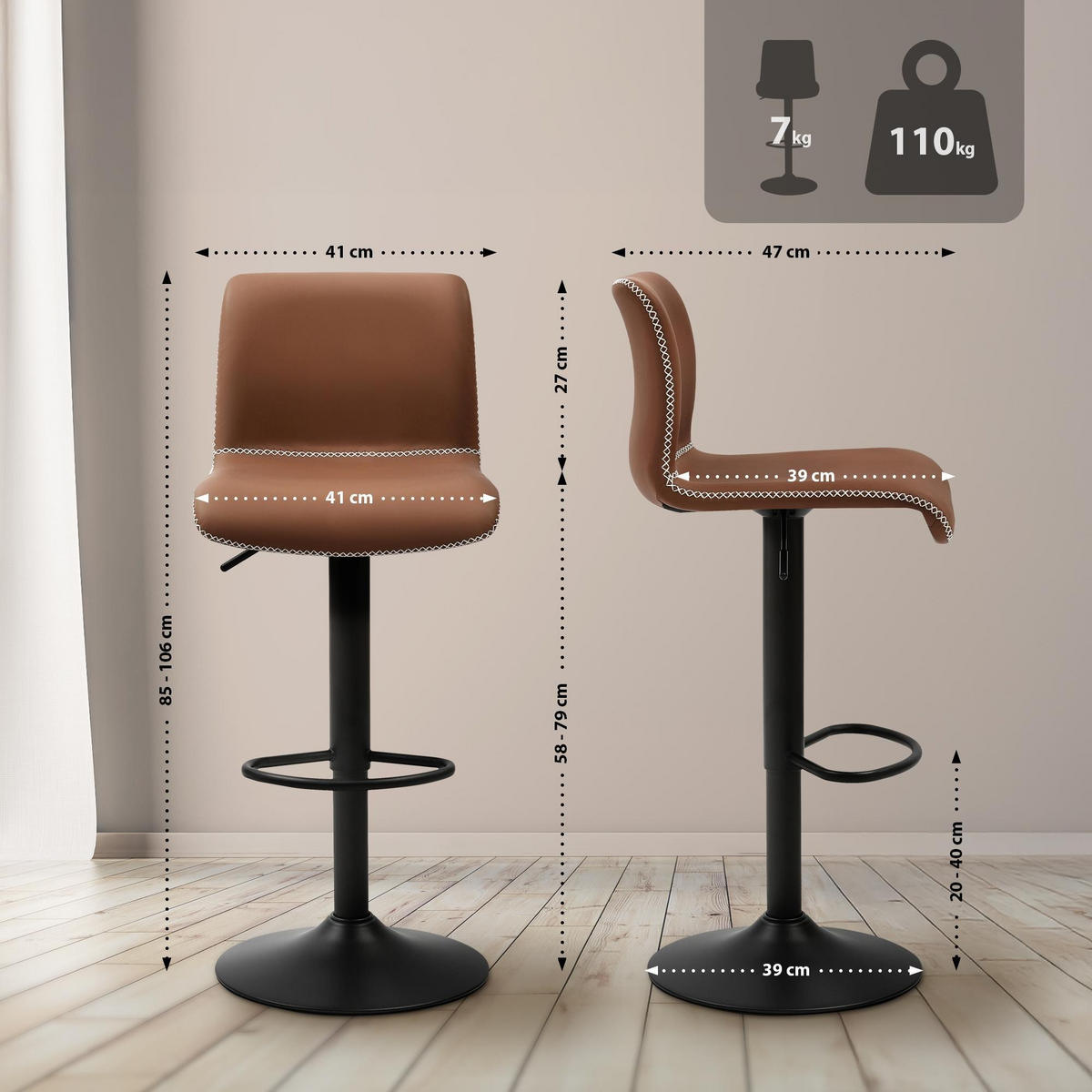 BARHOCKER Henchy 47x41x85 cm braun - Braun, Leder (41/85/47cm) - furnicato
