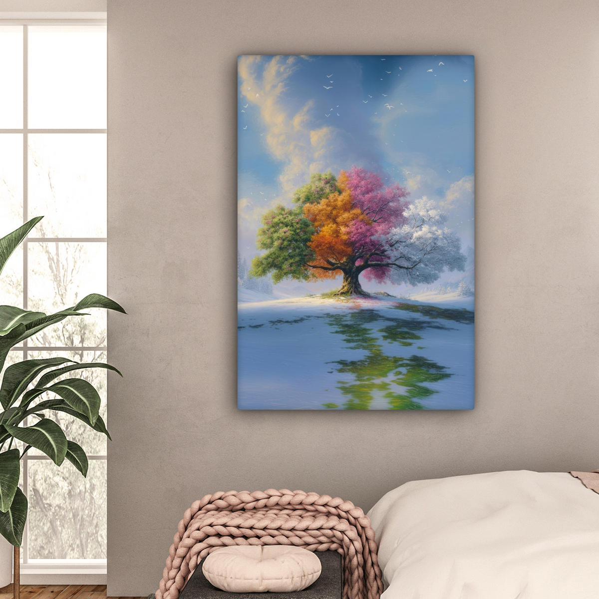 LEINWANDBILD Baum - Jahreszeiten - Winter - Landschaft Deko Groß 90x140 cm - Multicolor, Textil (90/140cm) - MuchoWow