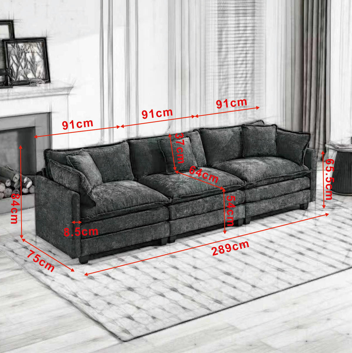 3-SITZER-SOFA aus Chenille in Grün mit modularem Aufbau - Grün, Textil (75/84/289cm) - Modfu