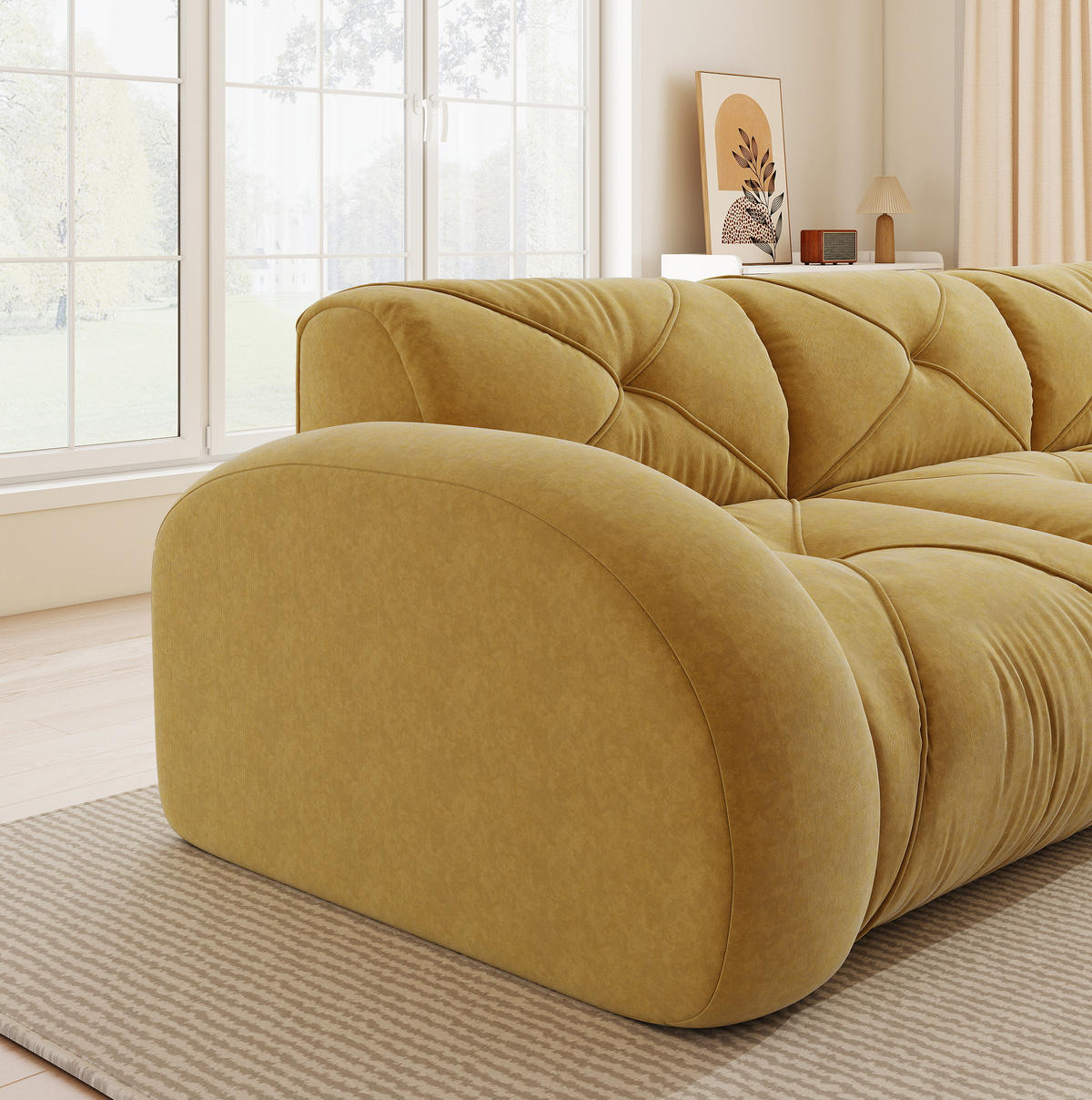 WOHNLANDSCHAFT in Gelb aus Chenille mit Hockern und rahmenlosem Design - Gelb, Textil (171/76/281cm) - Flora Grace