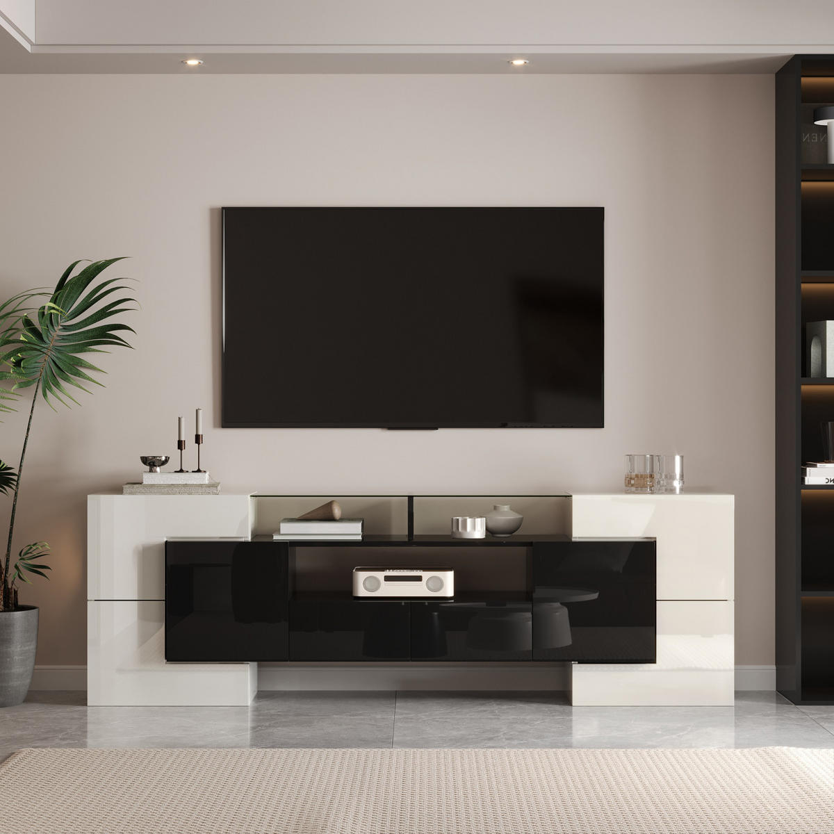 TV Lowboard LED, 6 Türen, 2 Schubladen, Hochglanz, Schwarz Weiß - Weiß, Holz (200/60/35cm)