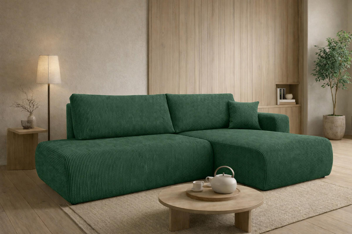 ECKSOFA Mit Schlaffunktion Und Bettkasten, Cordstoff Poso, Grün, Rechts, OPEN XL - Grün, Holz (262/145cm) - Kaiser Möbel