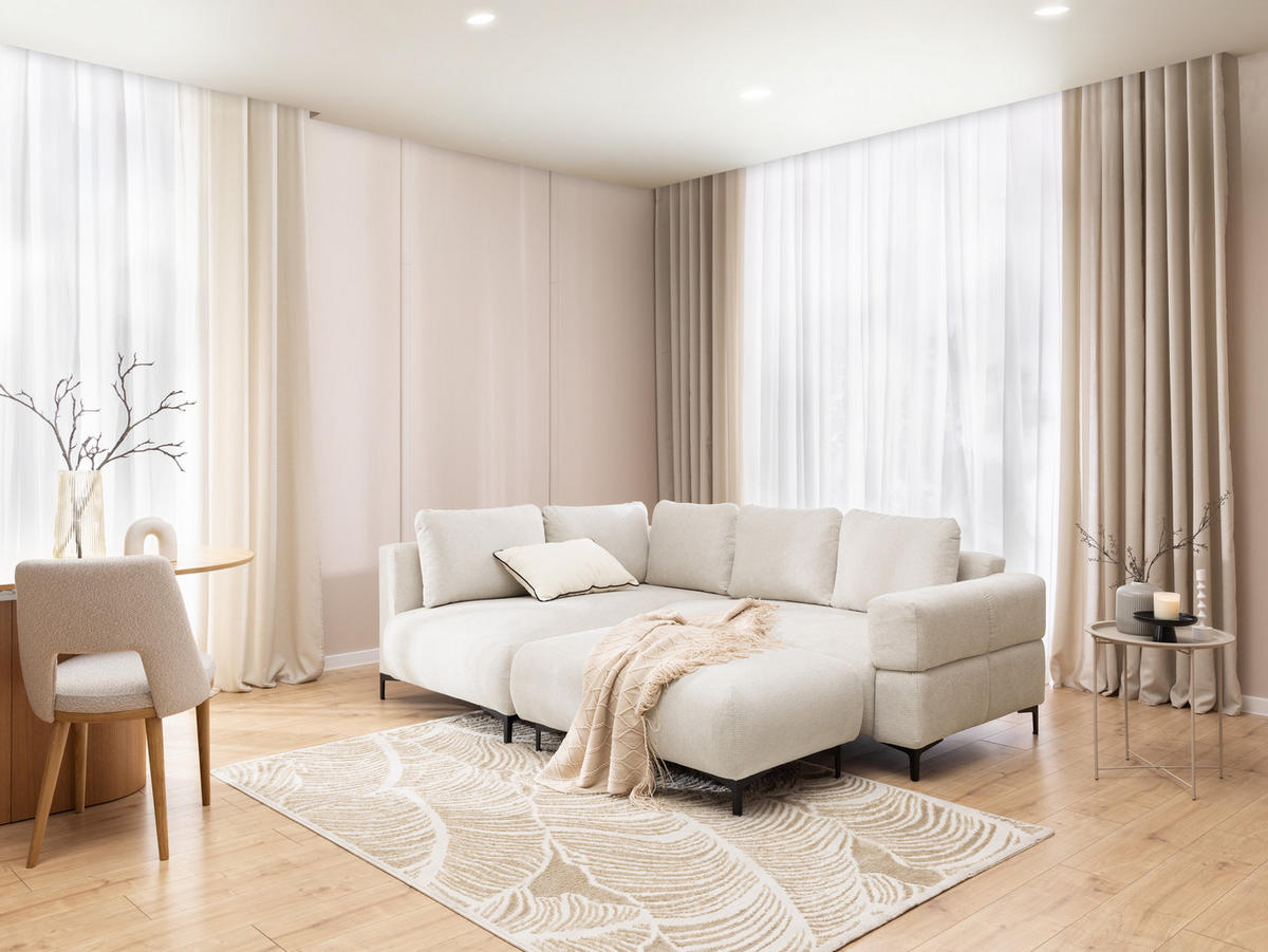 POLSTERHOCKER Cardea in Bubble-Optik aus weichem Creme Strukturstoff mit hohem Sitzkomfort - Creme/Schwarz, Holz/Textil (110/46/65cm) - S-Style Möbel