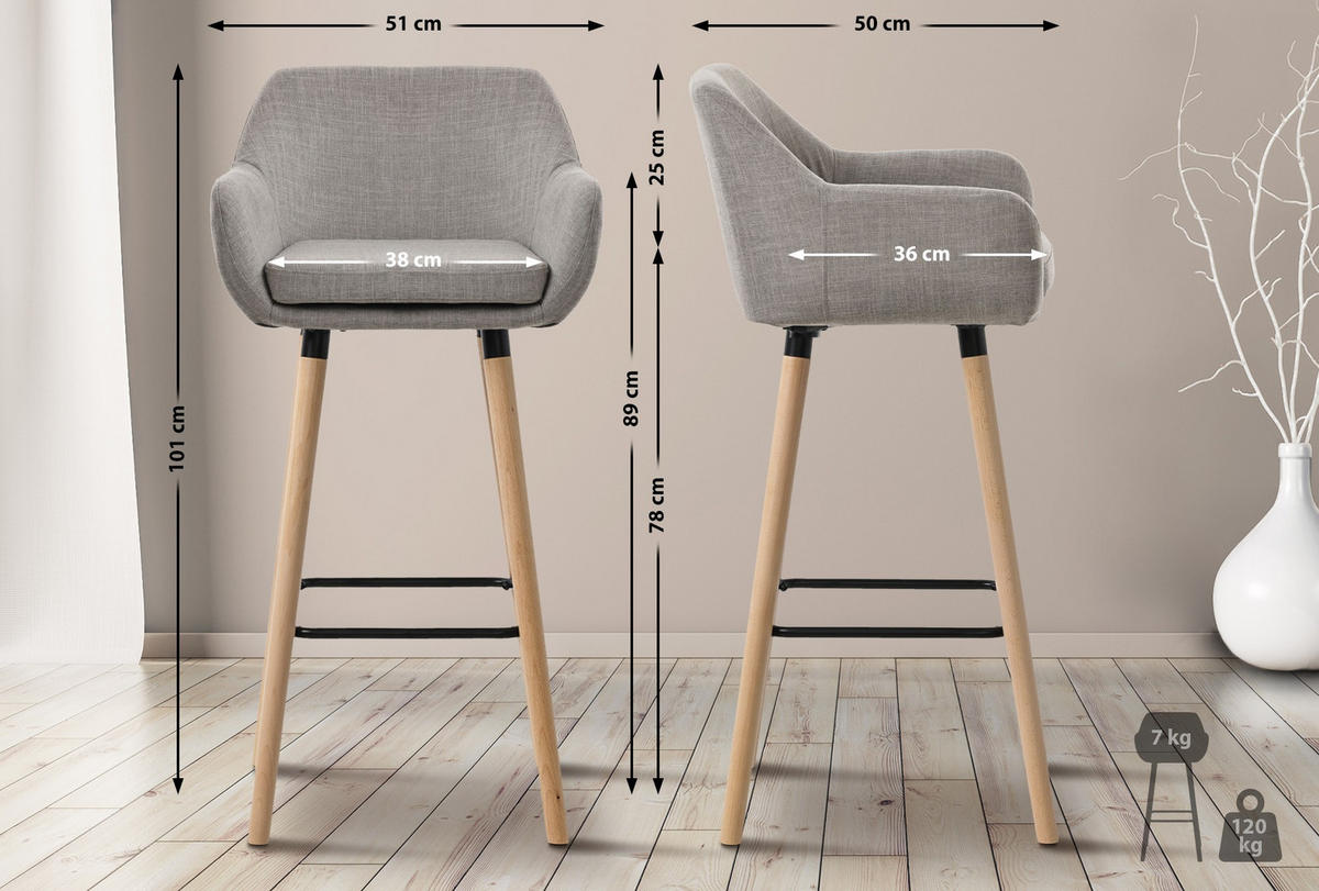 BARHOCKER 2er Set Mirid Stoff Grau - Grau, Textil (51/101/50cm) - DELUKE