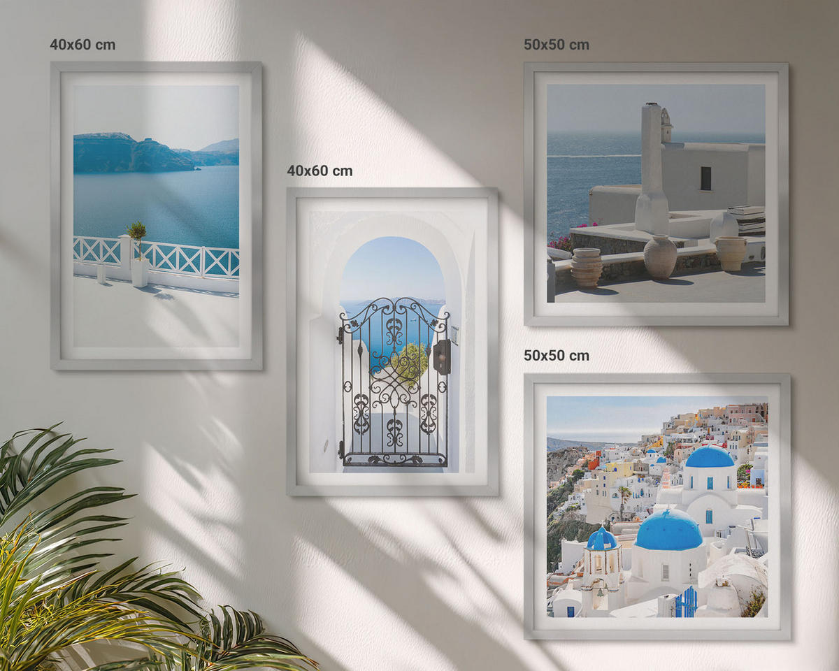 WANDBILDER 4er Set - 50x50 cm & 40x60 cm Silberner Rahmen - Gebäude am Weißen Meer, Griechenland - Silberfarben, Kunststoff (50/50cm) - ArtPrintCave
