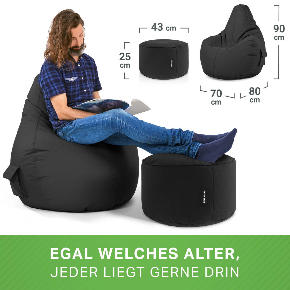 SITZSACK + Hocker "Cozy+Stay" 2er Set - Schwarz, Textil (70/90/80cm) - Green Bean