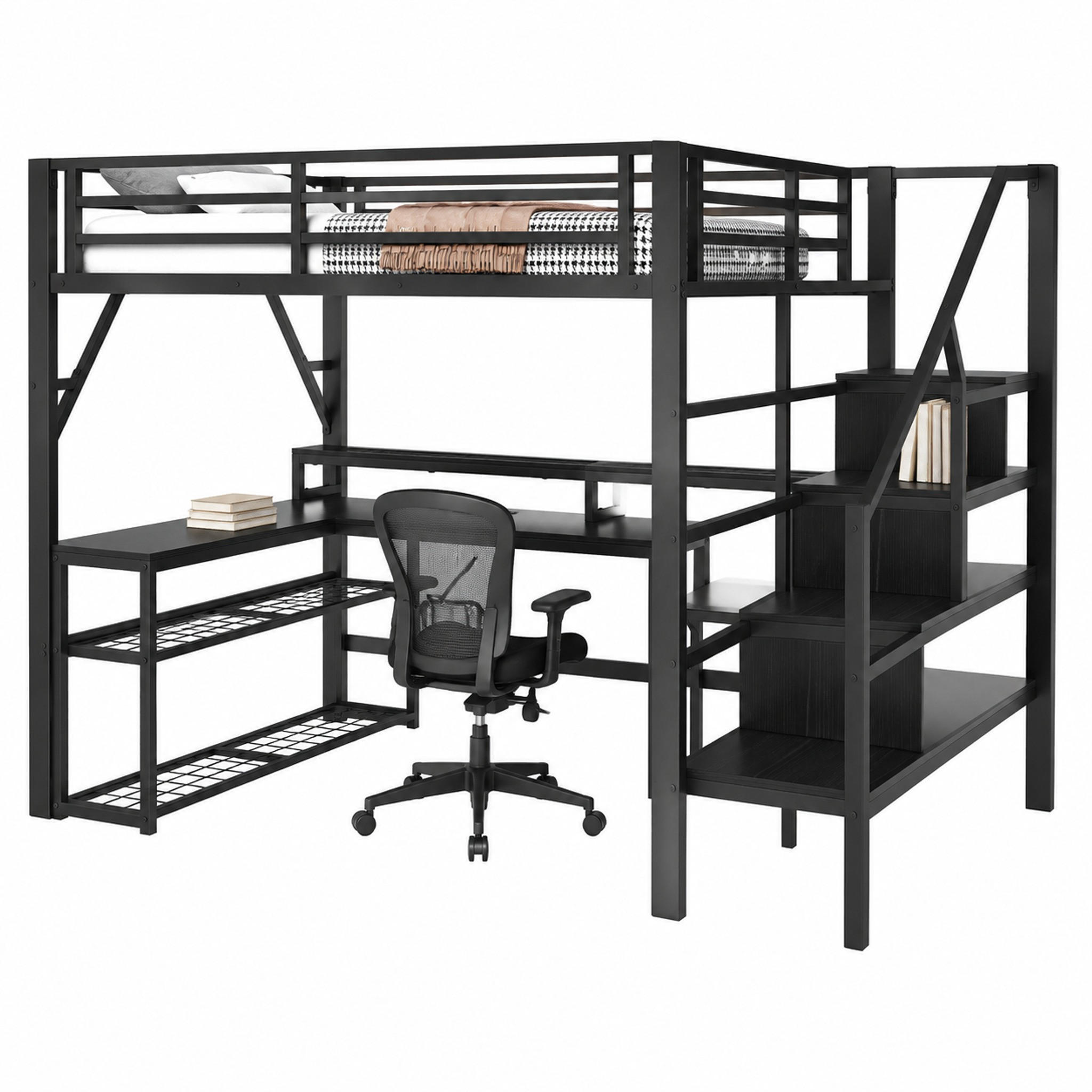 HOCHBETT mit Schreibtisch 140x200 cm Metall MDF Schwarz - Schwarz, Metall (140/200cm) - Meubliv