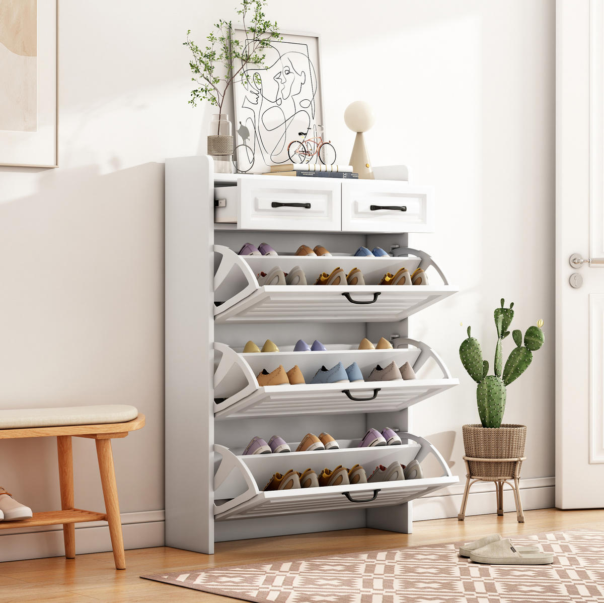 SCHUHSCHRANK 80/131/23,5 cm Weiß aus Spanplatte mit 3 Klappen und 2 Schubladen - Weiß, Holzwerkstoff (80/131/23.5cm) - OKMYHOME