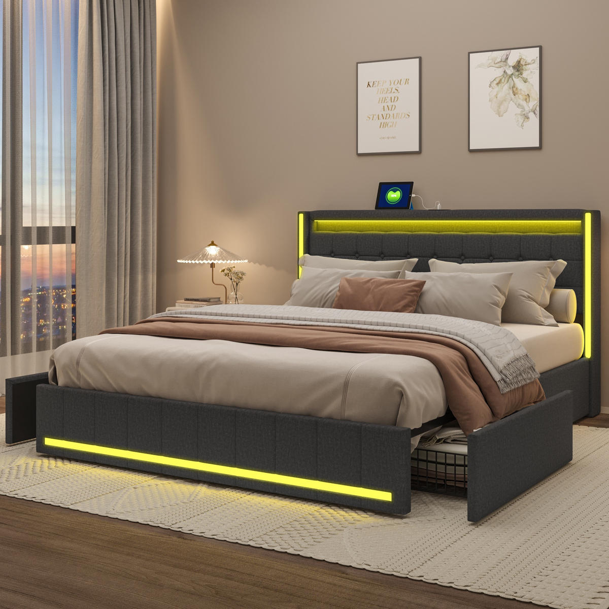 POLSTERBETT 140x190 cm Lumina Smart mit 3-Zonen RGB-LED, USB & USB-C, 4 Schubladen, Leinen-Optik, Dunkelgrau - Grau, Textil (140/190cm) - DELFA