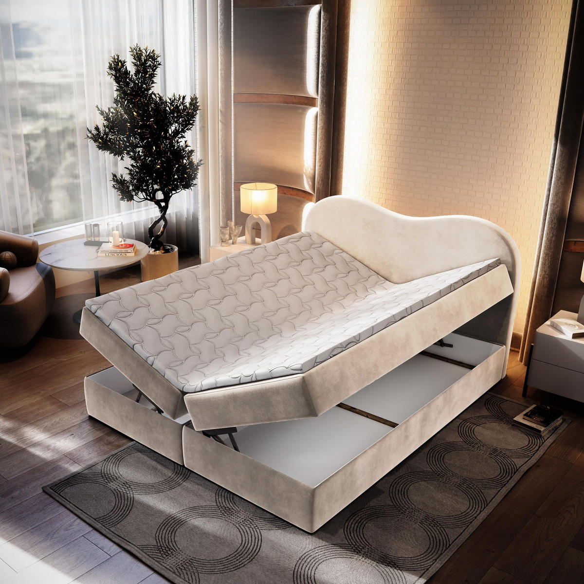 BOXBETT FLUVIA M 180x200 cm mit Matratze und Topper - Creme - Creme, Holz (180/200cm) - MASSENO