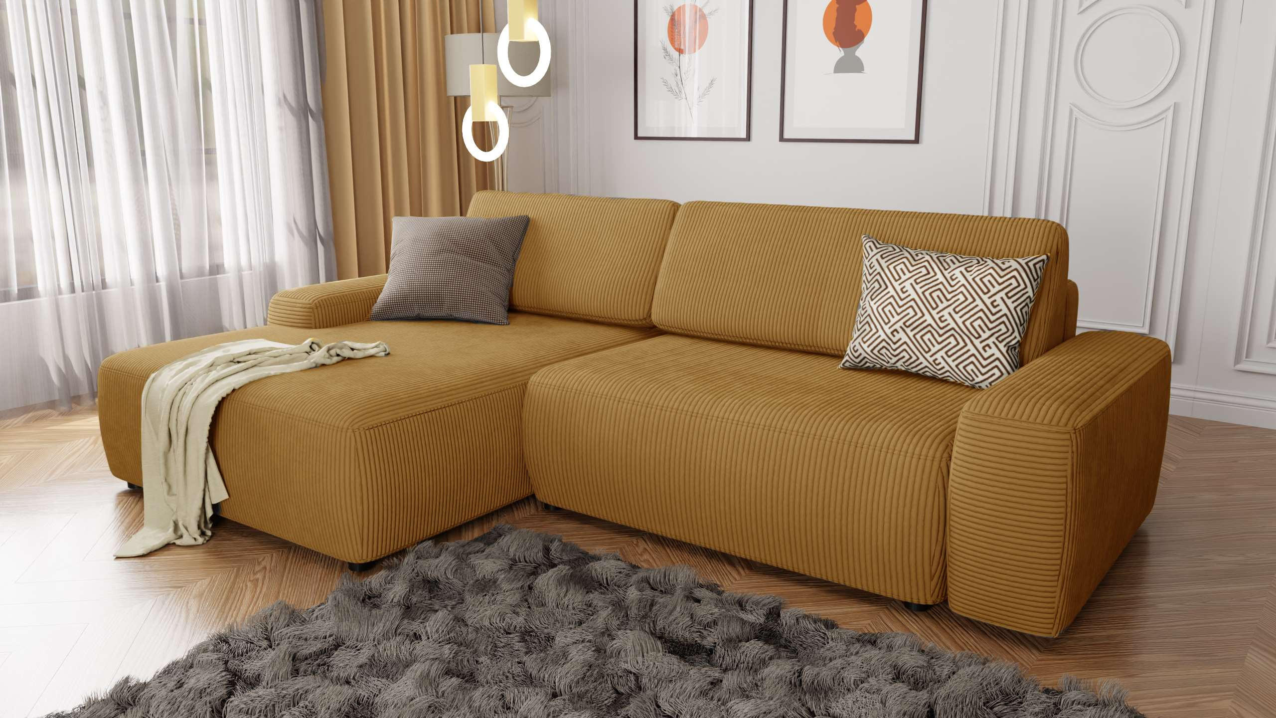 ECKSOFA Nancy Honig Cord - Schwarz/Honig, Holz/Kunststoff (264/162cm) - S-Style Möbel