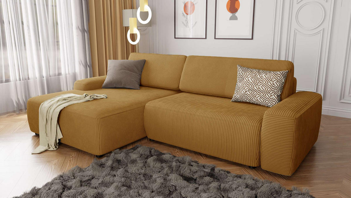 ECKSOFA Nancy Honig Cord - Schwarz/Honig, Holz/Kunststoff (264/162cm) - S-Style Möbel