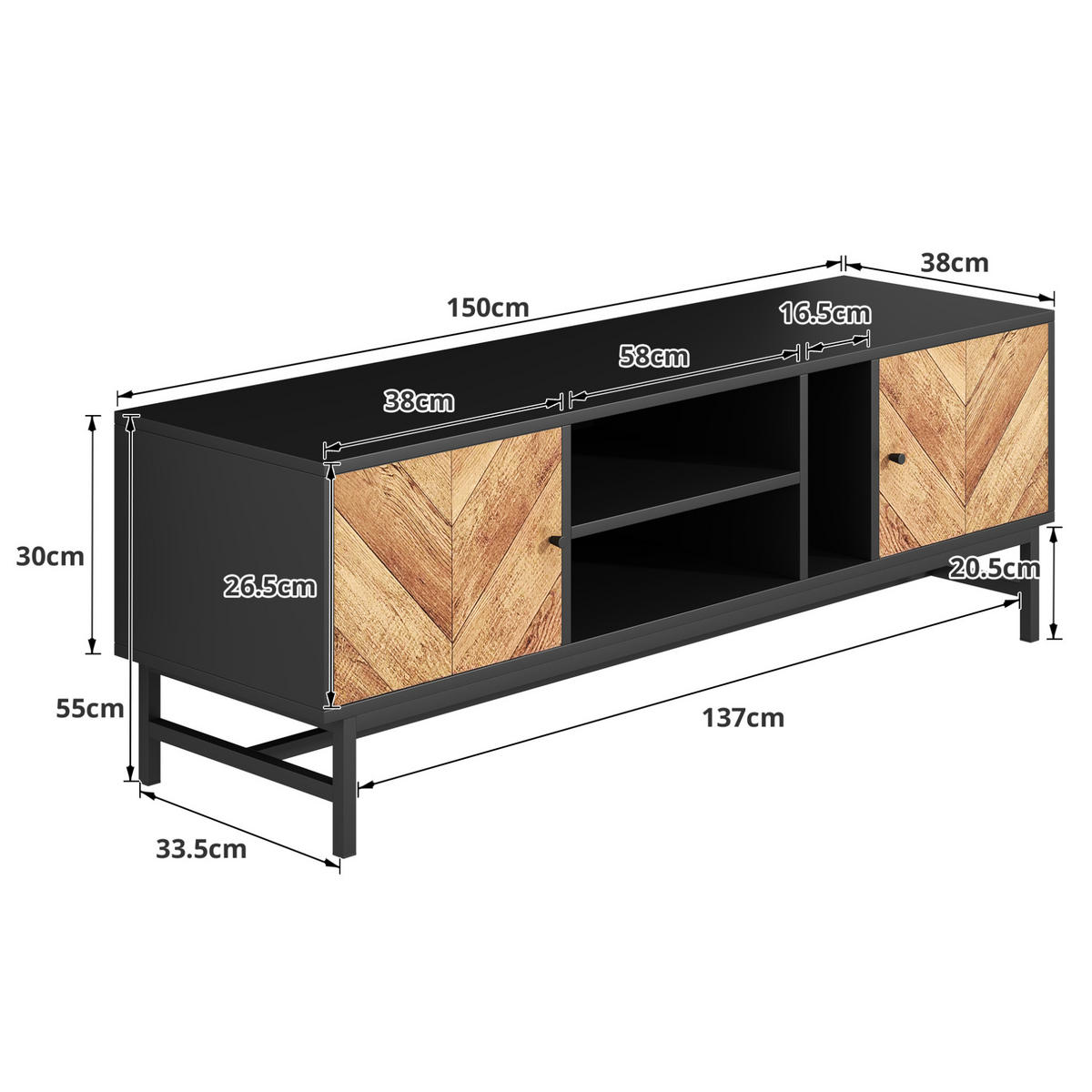 TV-SCHRANK 150/38/55 cm schwarz/natur aus Eisen und Spanplatte mit Stauraum - Hellbraun, Holzwerkstoff (150/55/38cm) - OKWISH
