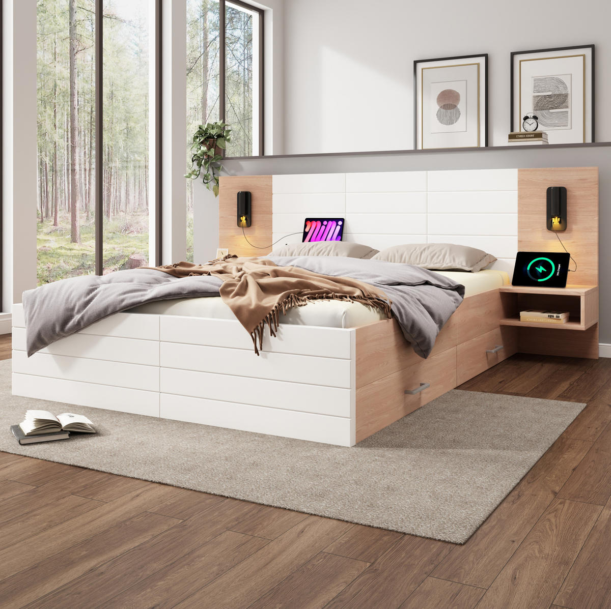 DOPPELBETT 180/200 cm mit Leselicht, USB-Anschluss, 2 Schubladen und 2 Nachtkommoden, Weiß/Eiche - Weiß, Holzwerkstoff (180/200cm) - Redom