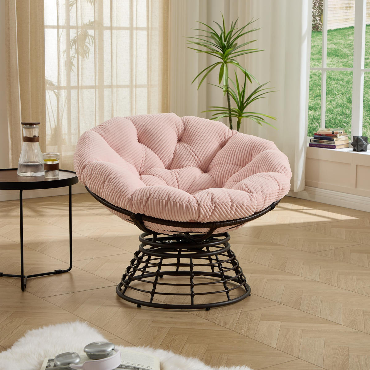 GARTEN-RELAXSESSEL Papasansessel, 360° drehbar,Rattan, Cord, Rosa - Rosa, Textil (60/67/92cm) - LVHOM