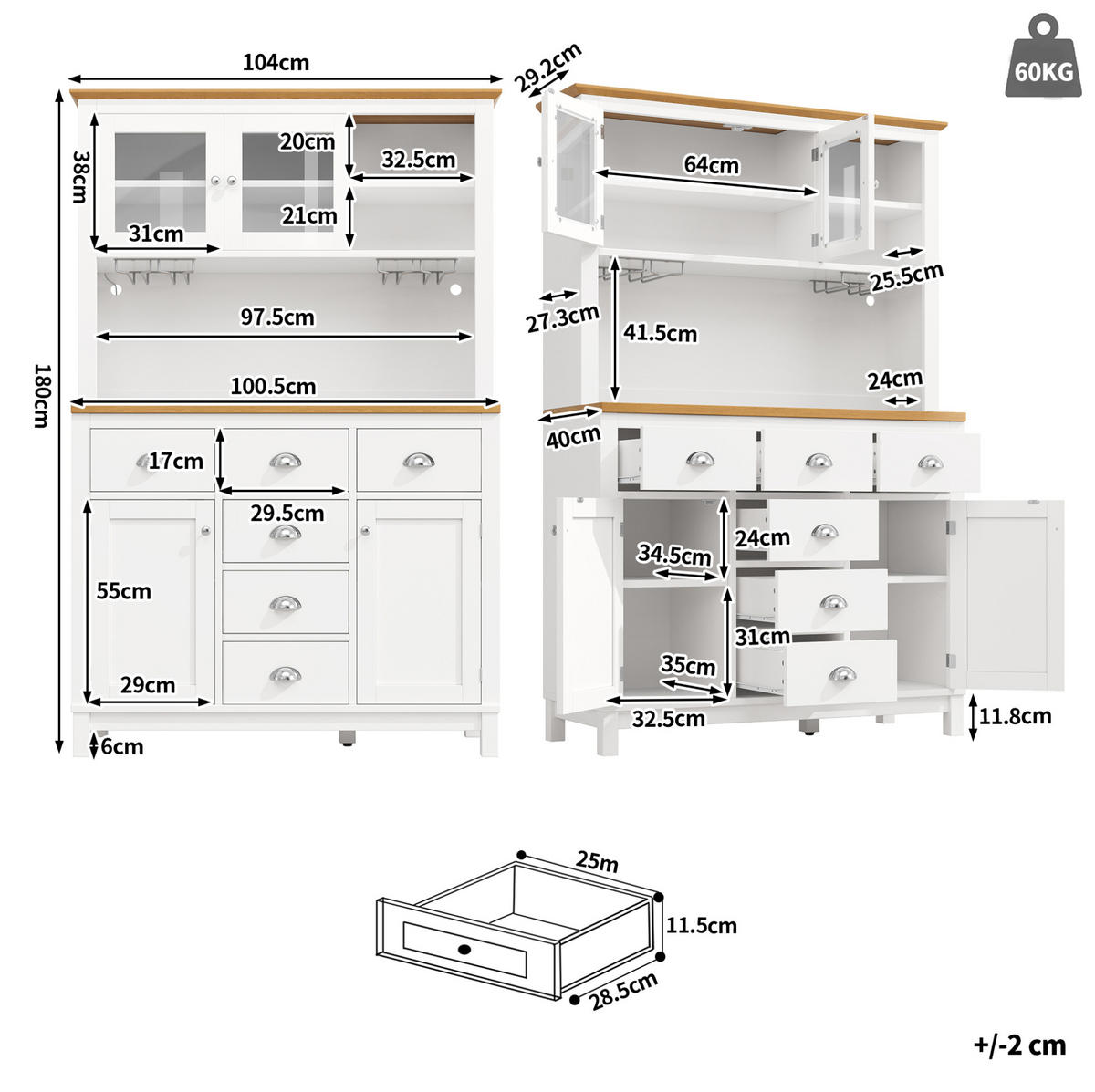 BUFFETSCHRANK 104/40/180 cm Weiß aus MDF mit LED-Lichtleiste - Weiß, Holzwerkstoff (104/180/40cm) - OKWISH