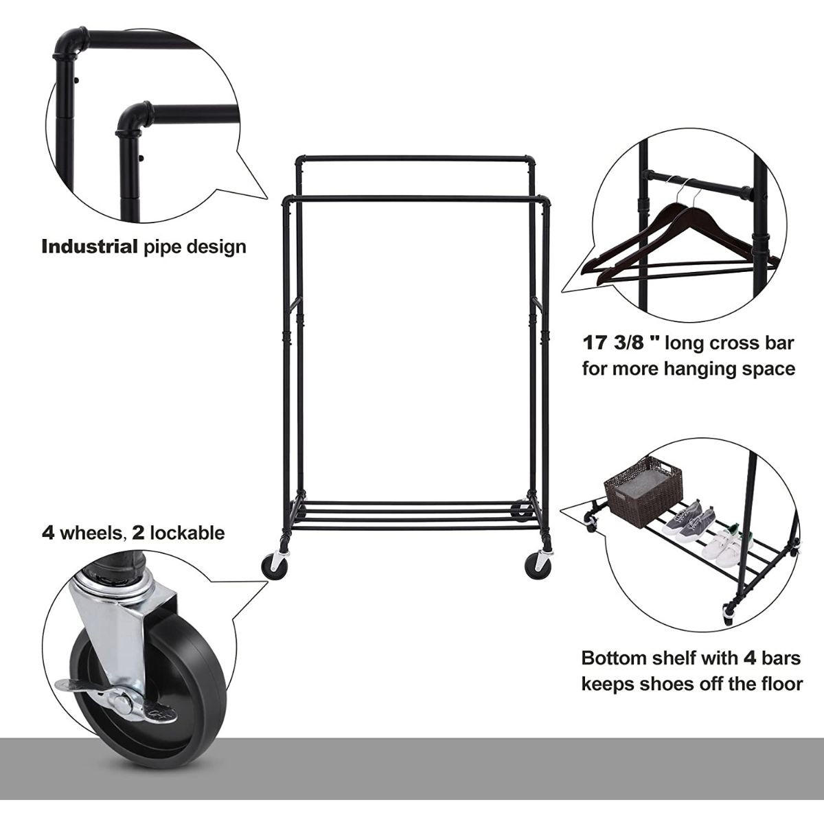 KLEIDERSTÄNDER mit zwei Kleiderstangen und Regal auf Rollen - Schwarz, Metall (59/146/100cm) - Calicosy