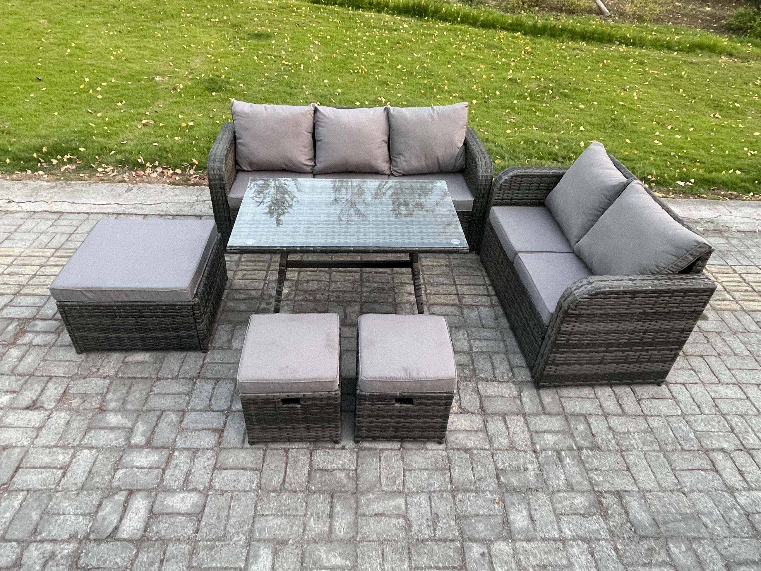 GARTENMÖBELSET mit ESSTISCH,SOFA Polyrattan 8-Sitzer - Dunkelgrau/Grau, Glas/Kunststoff - Fimous