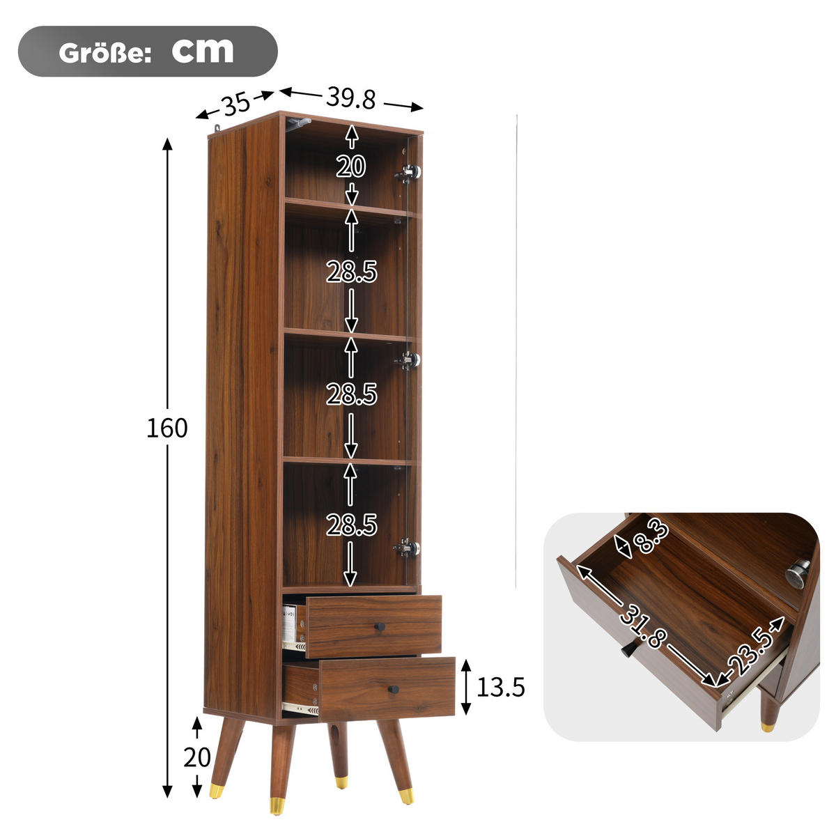 VITRINE in Walnussfarben mit Glastür und 2 Schubladen für Wohnzimmer, B39,8/T35/H160 cm - Transparent/Walnussfarben, Glas/Holzwerkstoff (39.8/160/35cm) - STILVORA