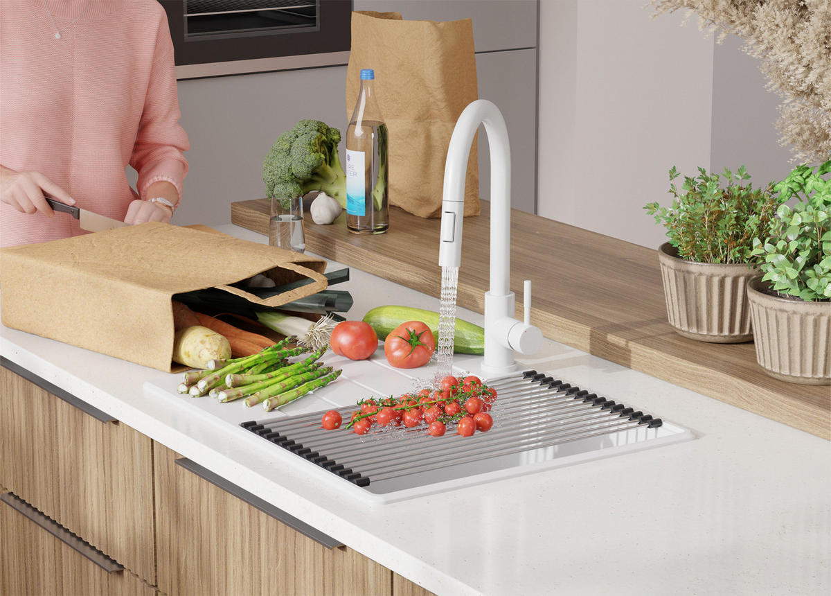 SPÜLBECKEN Kopenhagen, 2-er set Alles Weiß 62/50 cm 1 Becken + Ablauf-Set + Schneidebrett ab 45er Unterschrank - Beige/Weiß, Kunststoff (62/20/50cm) - Primagran