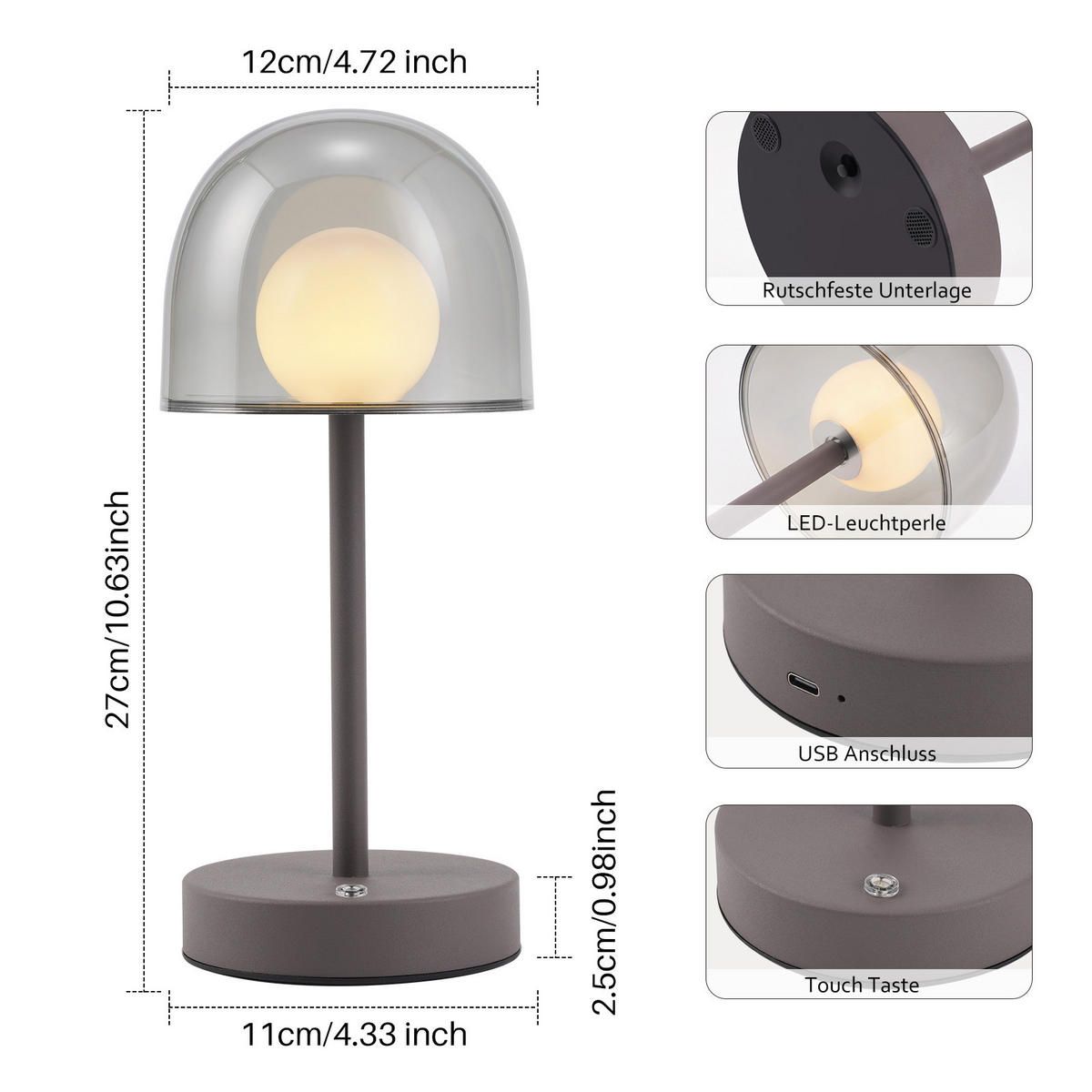 LED STOLNÍ LAMPA 12/12/27 cm - šedá, kov/plast (12/12/27cm) - ZMH
