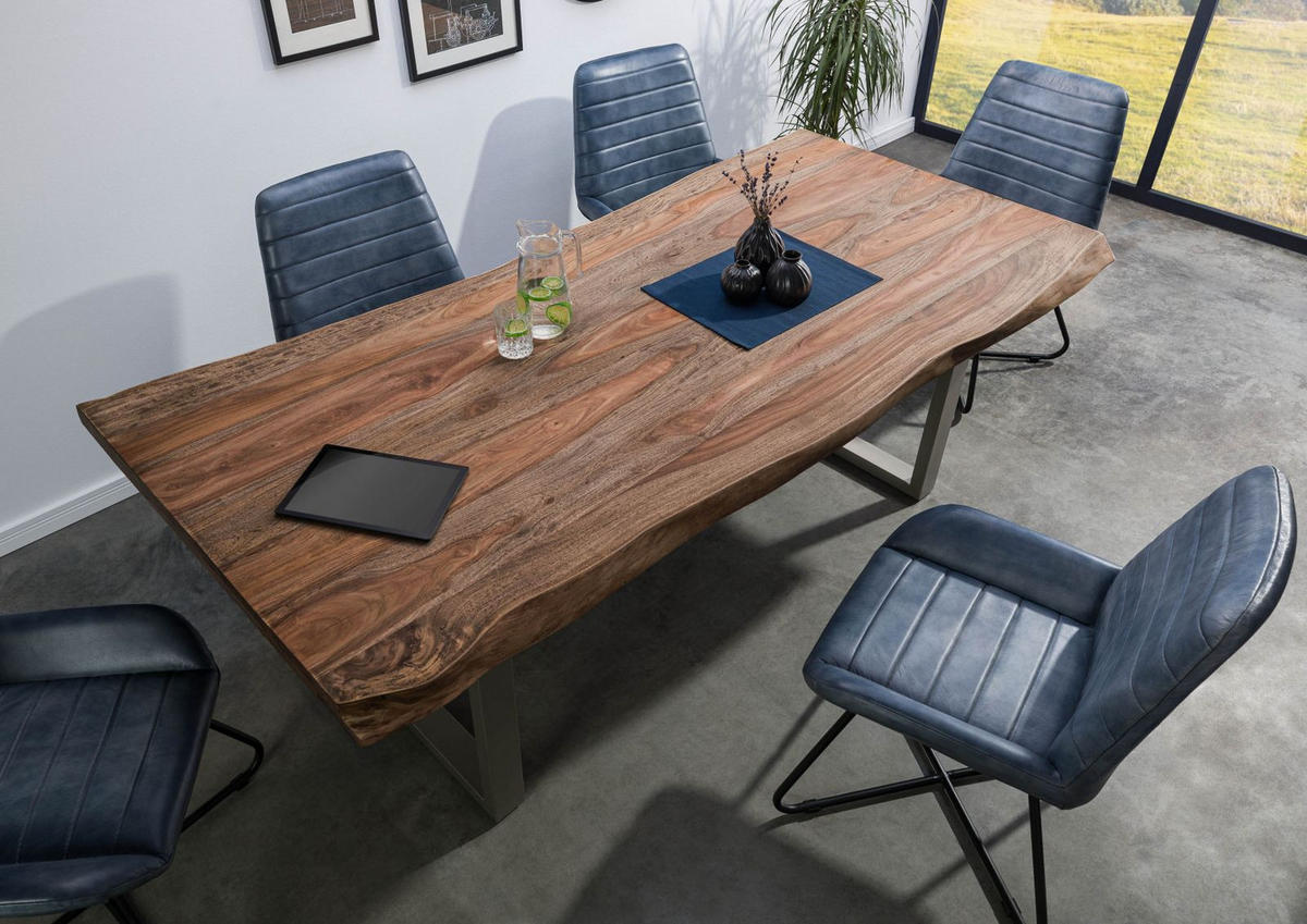 BAUMTISCH Sheesham 180x90x77 grau gebeizt / U-Beine silber matt FREEFORM 5 - Grau, Holz (180/90/77cm) - Massivmoebel24