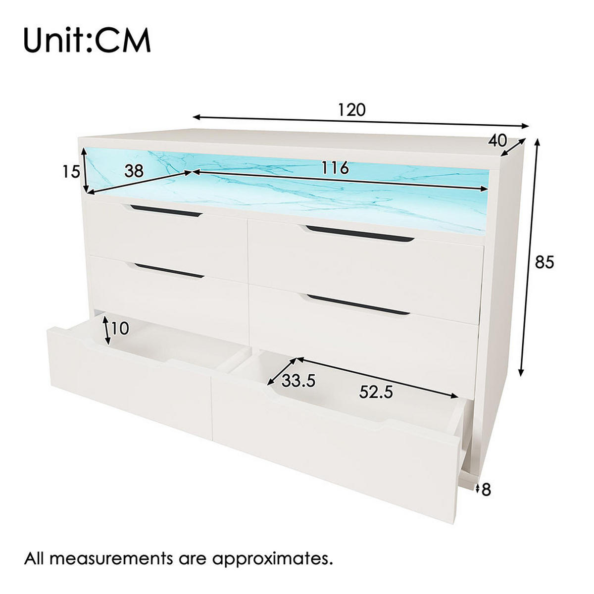 KOMMODE mit LED-Beleuchtung und 6 Schubladen，Weiß - Weiß, Holzwerkstoff (40/85/120cm) - KOMHTOM