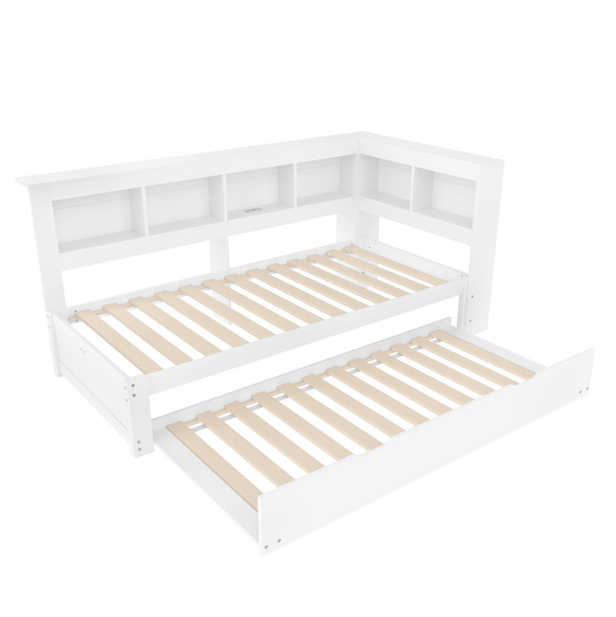 POLSTERBETT 90/200 cm mit Ausziehbett, Steckdose und 2 USB-Anschlüssen, Weiß - Weiß, Holz (90/200cm) - Redom