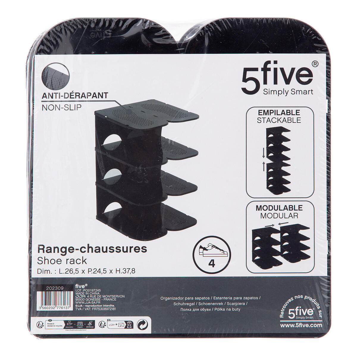 SCHUHABLAGE für den Schrank für 4 Paare Plot 26,5/24,5/37,8 cm - Schwarz, Kunststoff (24.5/37.8/26.5cm) - 5five Simply Smart
