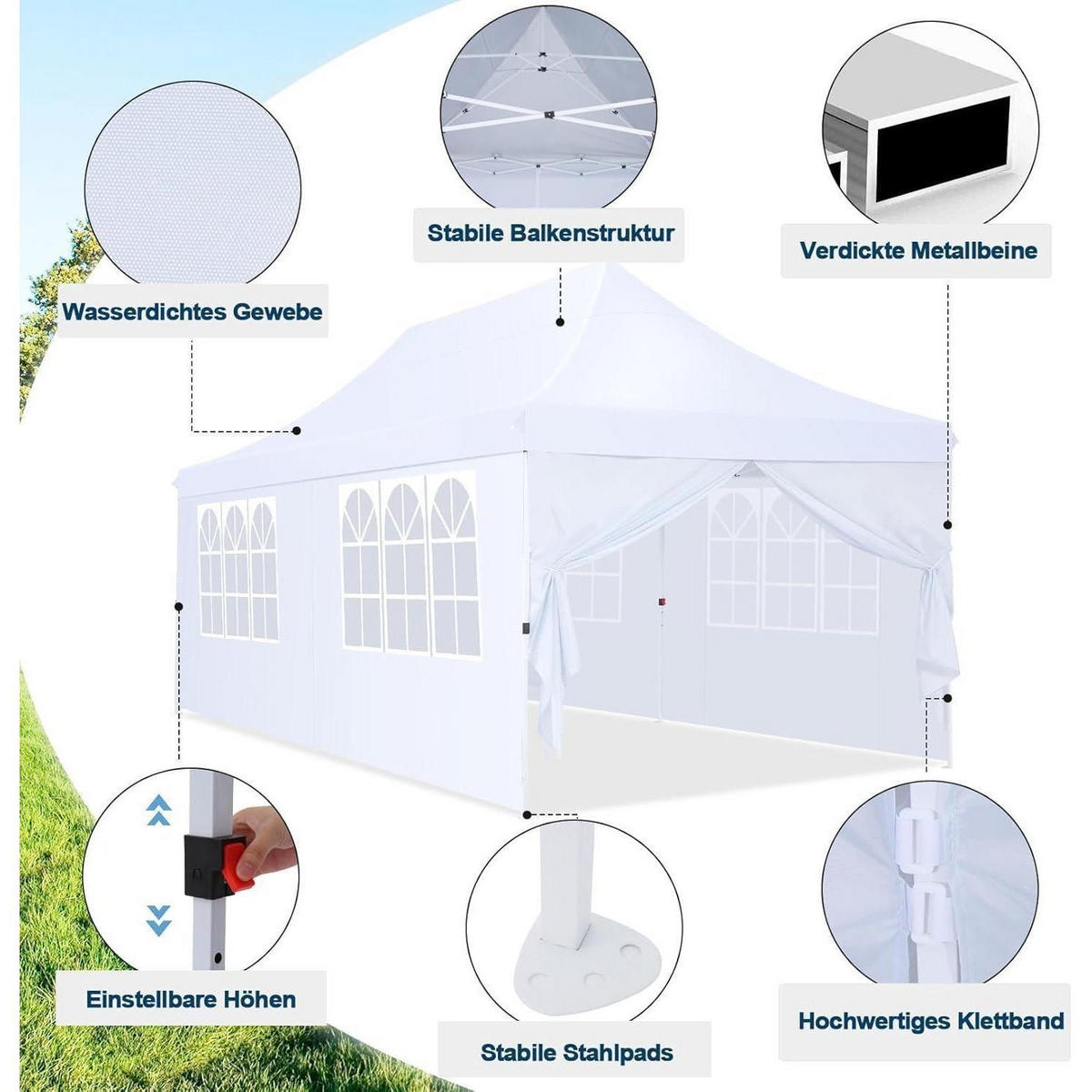 FALTPAVILLON 3 x 6 m Weiß Wasserdicht UV-Schutz - Weiß, Textil (300/300/600cm)