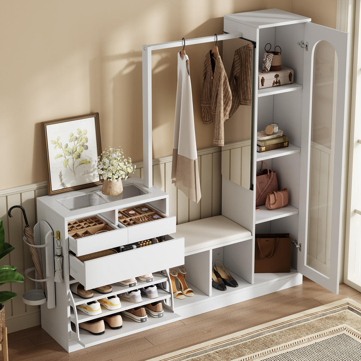 GARDEROBENSET 6-in-1 Spiegel Schuhbank LED modern Eingang - Weiß, Holzwerkstoff (35/161/163cm) - FLIEKS