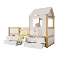 KINDERBETT aus Kiefer, MDF und Sperrholz 90x200 cm Weiß/Natur mit Dach, Fenster, 4 Schubladen und kleiner Treppe - Weiß, Holzwerkstoff (90/200cm) - Modfu