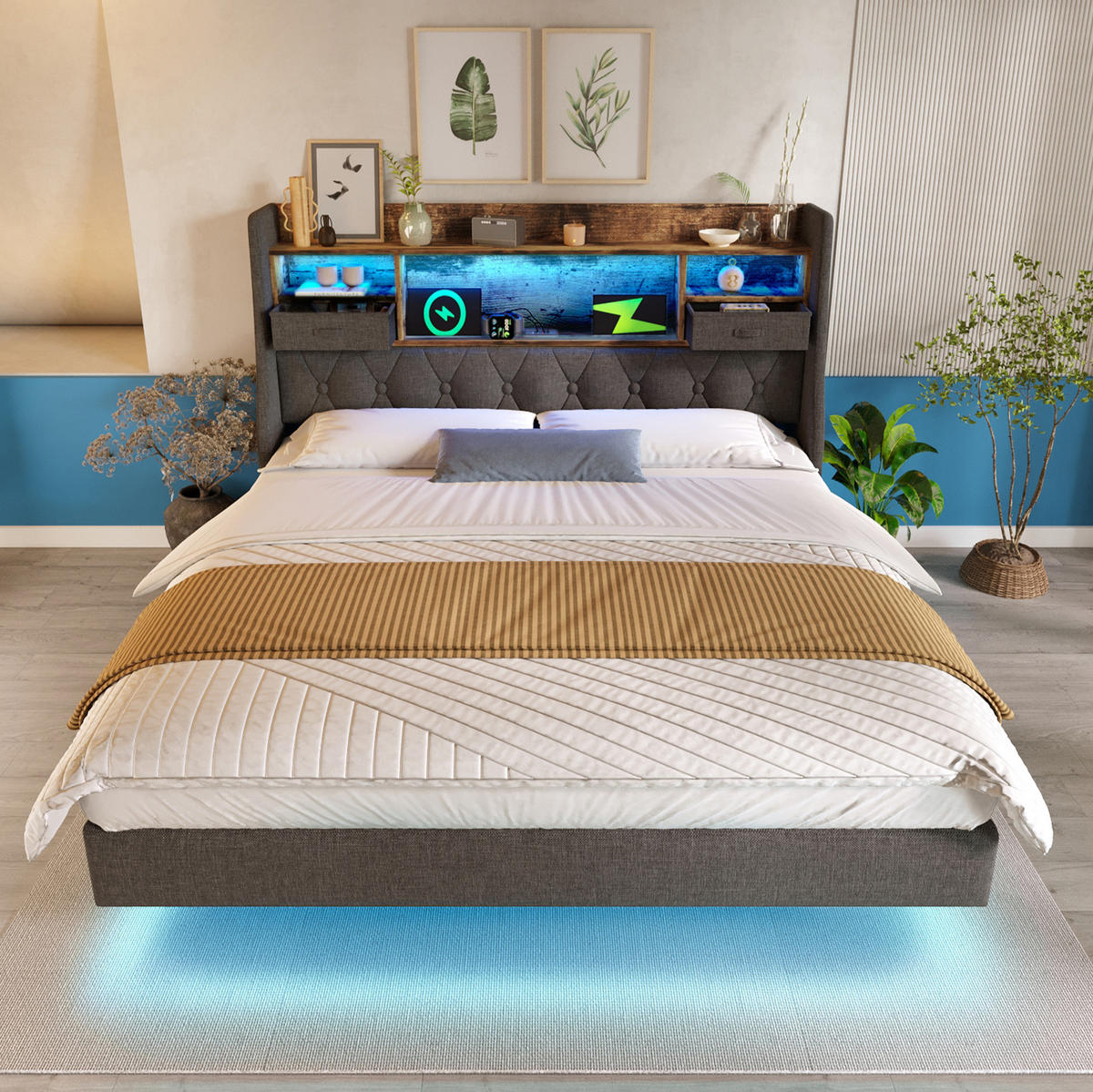 ČALOUNĚNÁ postel 160x200 cm s LED osvětlením, USB a Type-C porty, úložným čelem a matrací, Šedá - šedá, textil (160/200cm) - Redom