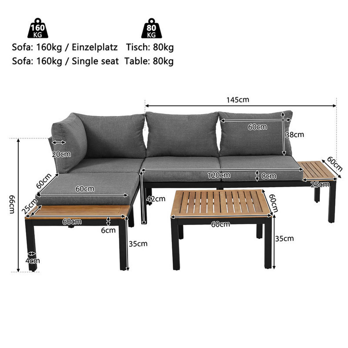 GARTENLOUNGE-SET GRAU 2 Zweisitzer mit Akazien-Tisch und Stoffbezug - Grau, Textil - BLACKCUP