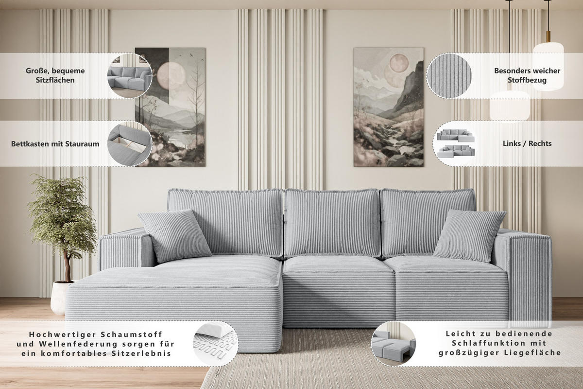 ECKSOFA mit Schlaffunktion und Bettkasten SERRA-L-S - 266x161x87 cm Rosa Cord - Schwarz/Rosa, Holzwerkstoff/Kunststoff (266/161cm) - ALTDECOR