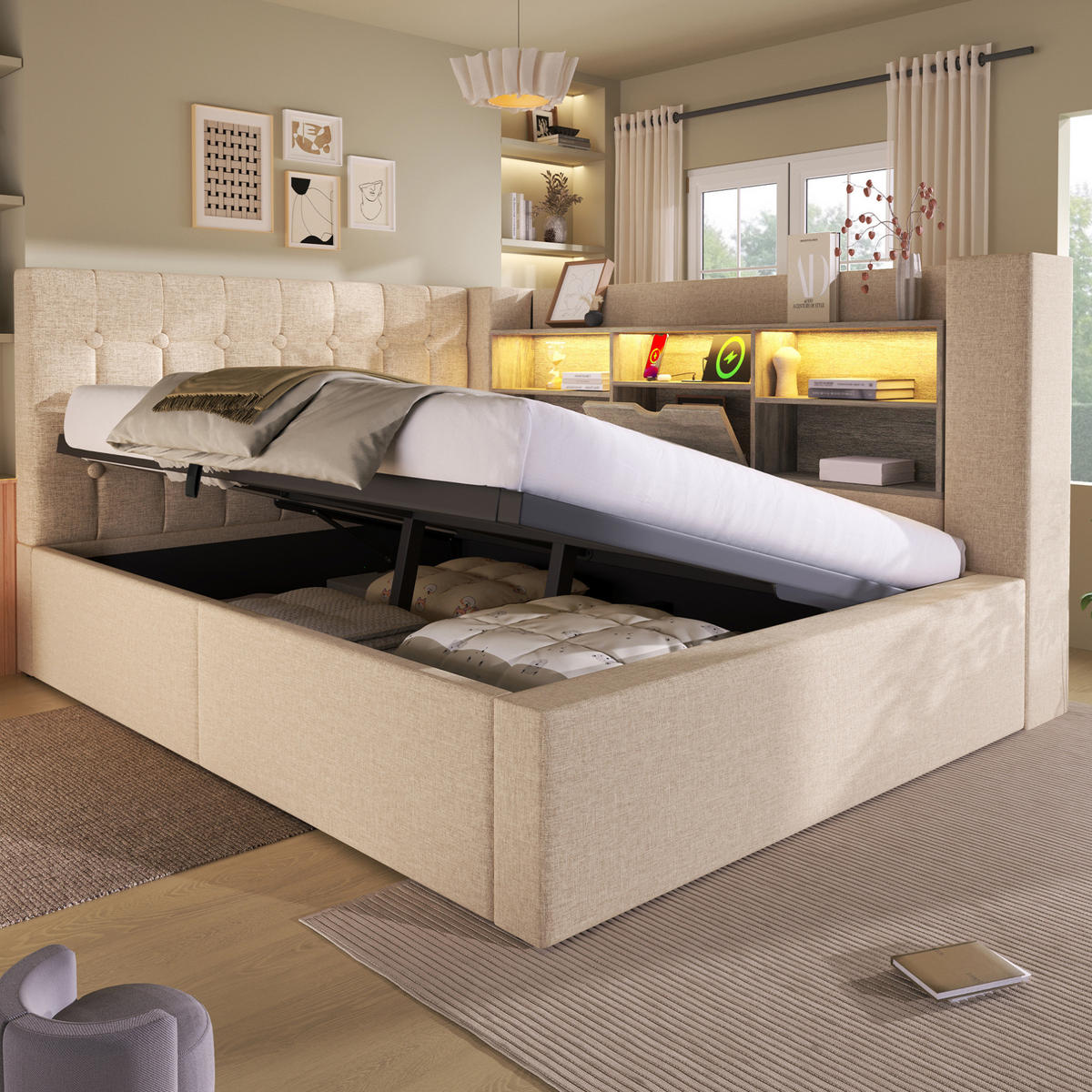 POLSTERBETT mit Stauraum 140x200 cm Leinen Beige inkl. Matratze - Beige, Metall (140/200cm) - Meubliv