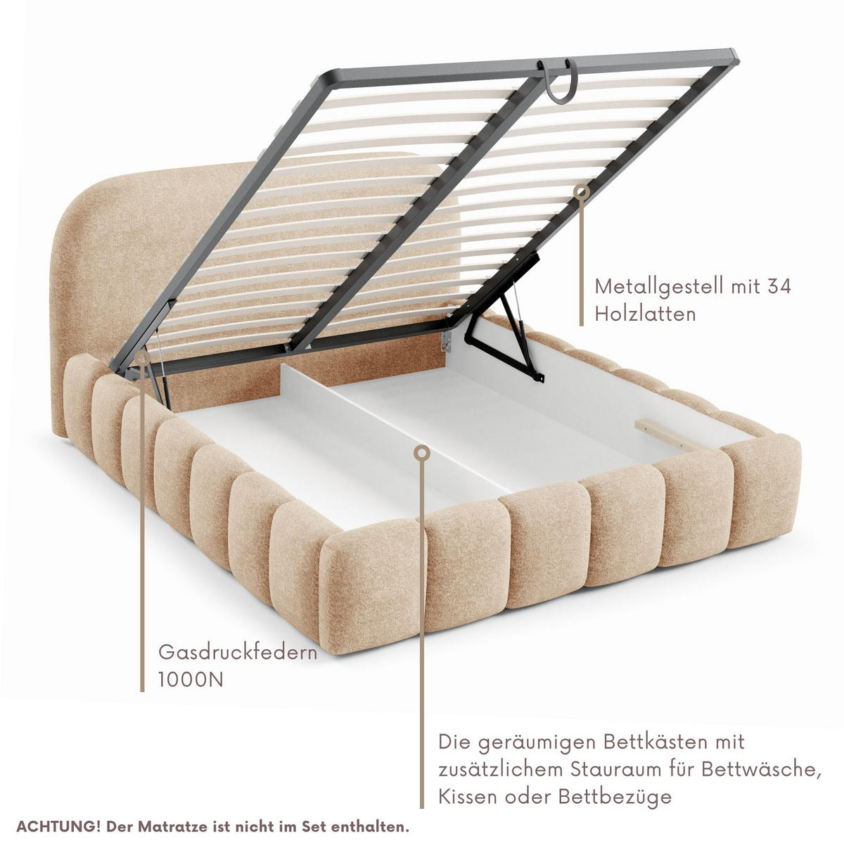 POLSTERBETT BELLURE mit Bettkasten 180x200,Doppelbett mit Stauraum,Lattenrost,Boxspringbett-Optik,ohne Matratze-Beige - Beige, Holz (180/200cm) - Furnistar