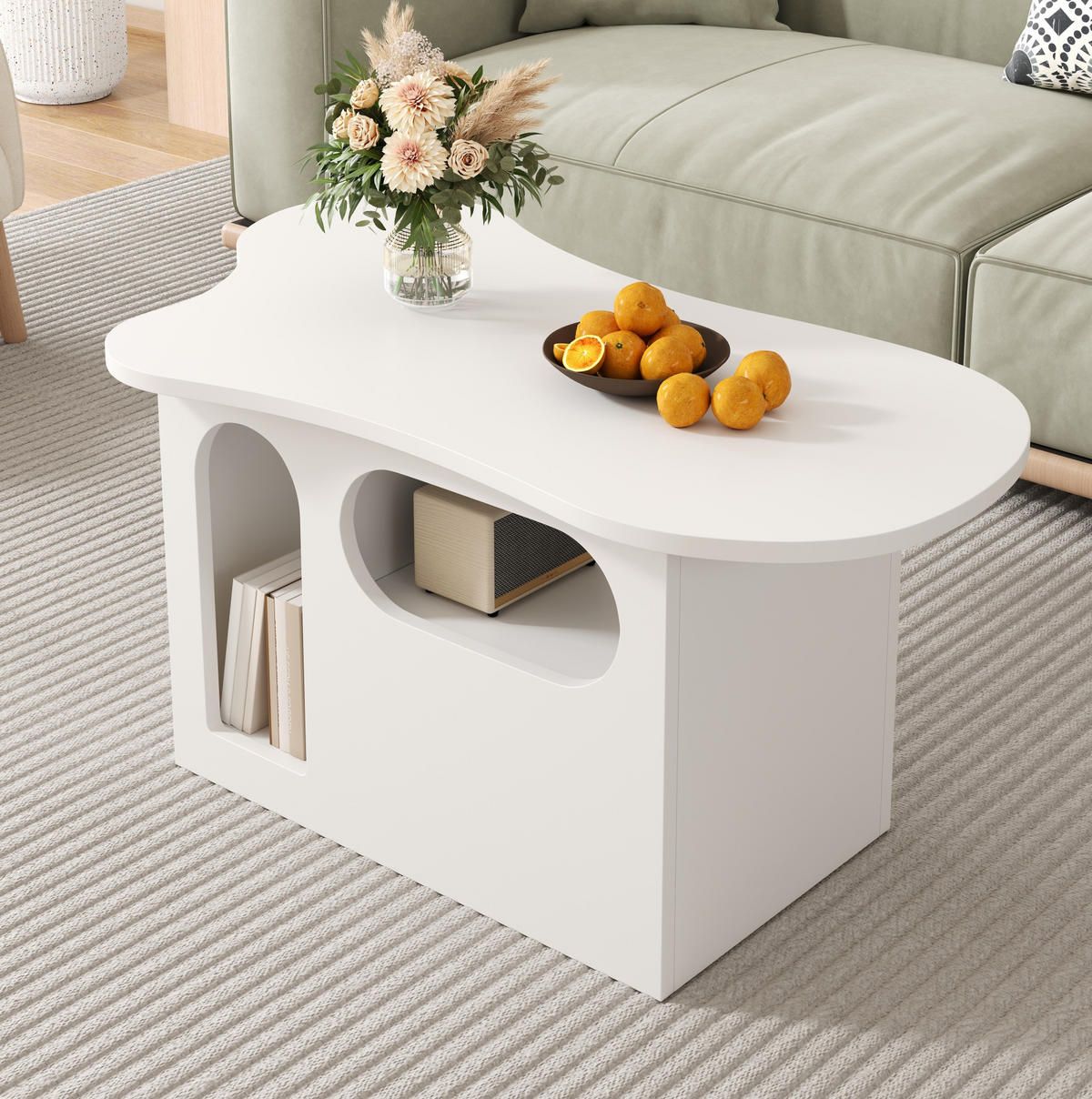 COUCHTISCH aus Spanplatte 97x45x43,5 cm in Weiß mit Schubladen & offenen Fächern - Weiß, Holzwerkstoff (97/45/43.5cm) - Modfu