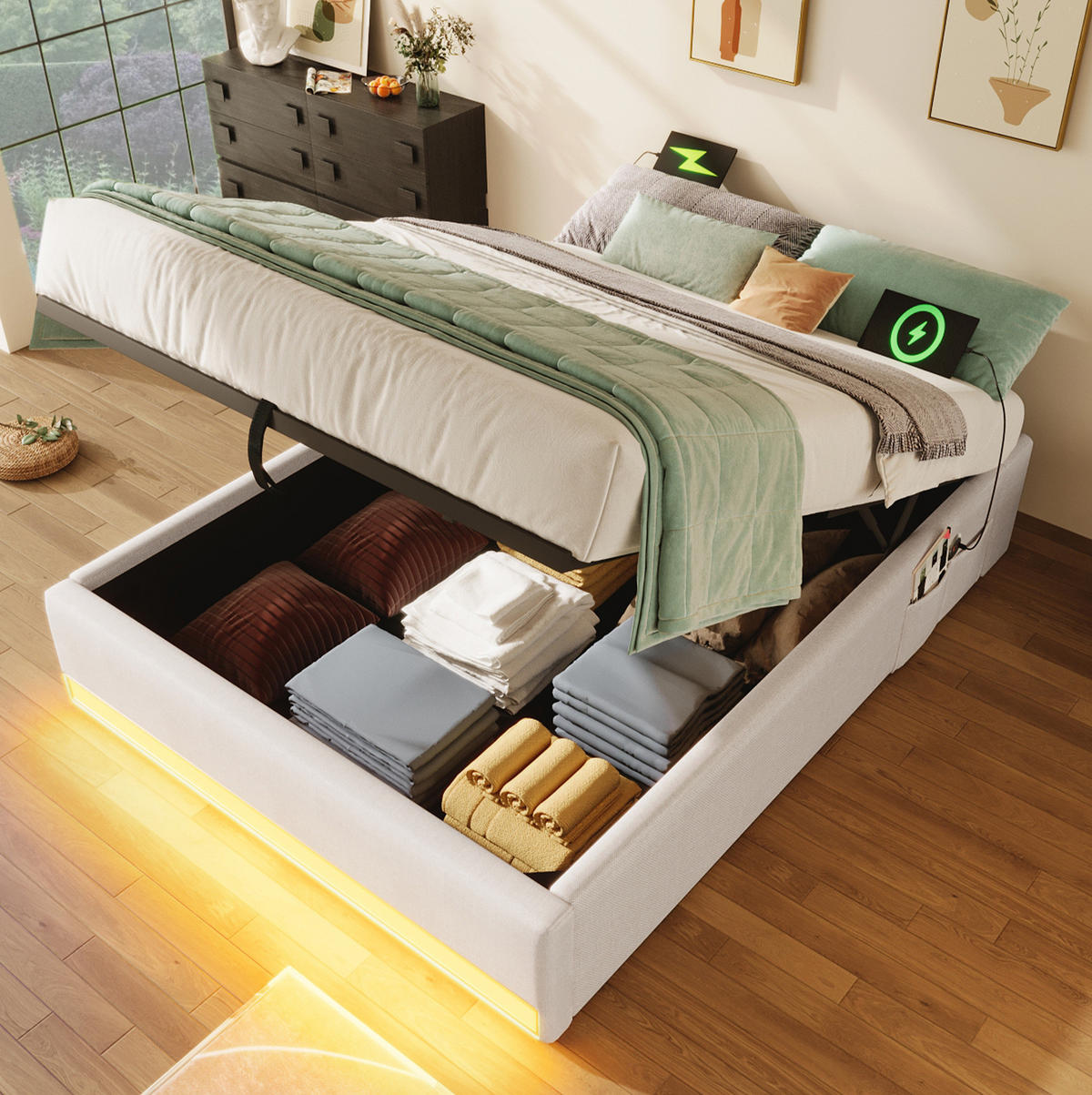 POLSTERBETT mit Stauraum 90x200 cm Leinen Beige - Beige, Metall (90/200cm) - Meubliv