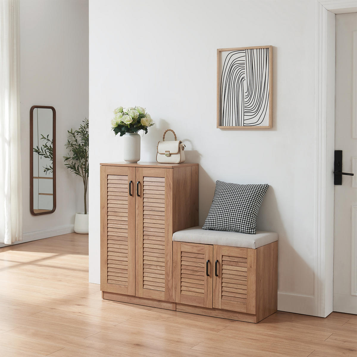 SCHUHSCHRANK Løten mit Sitzbank - Eichefarben, Holzwerkstoff/Kunststoff (120/97/36cm) - [en.casa]