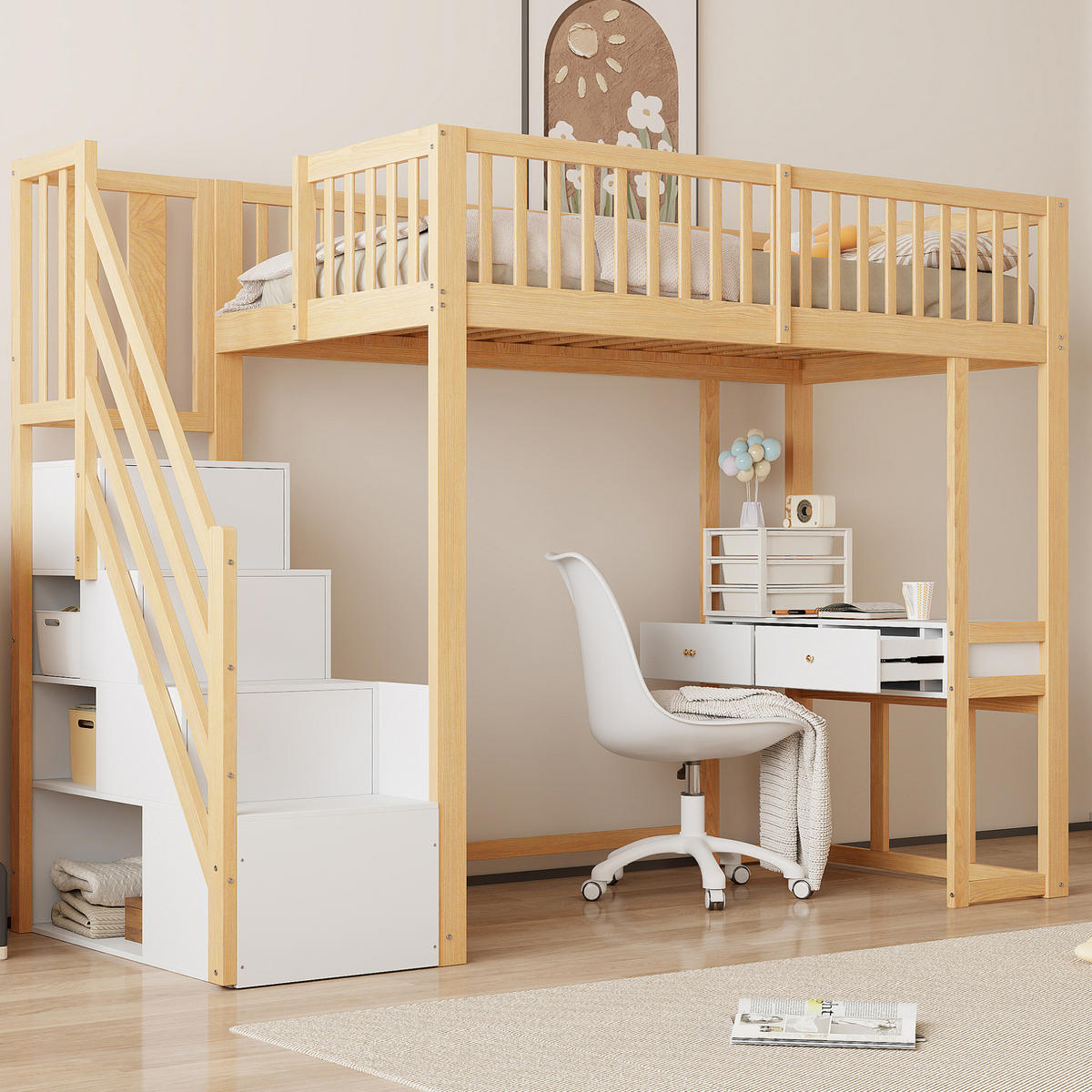 HOCHBETT 90/200 cm Weiß mit Tisch und Aufbewahrungstreppe - Weiß, Holz (90/200cm) - MIVRAY
