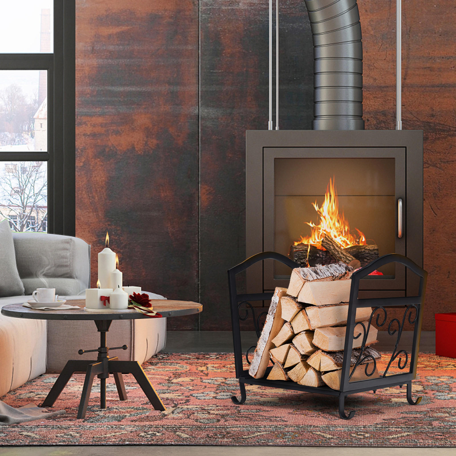 KAMINHOLZREGAL Schwarz - Schwarz, Metall (33/40/43cm) - COSTWAY