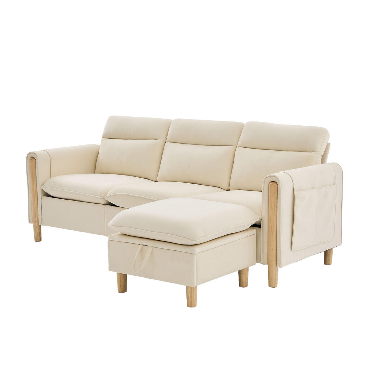 ECKSOFA 201/110/86 cm Beige mit Aufbewahrungshocker und Seitentaschen - Beige, Holz/Textil (201/110cm) - Oxeza